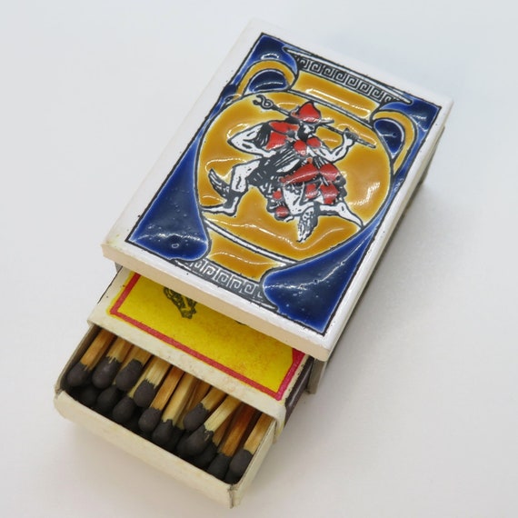 Vintage Wooden Match Box Painted Ceramic Tile Top Metal Box Greece