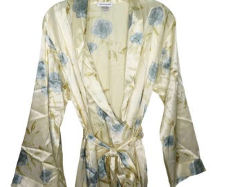 Bata de satén floral para mujer Vintage Jones New York, talla L/XL, color crema y azul con rosas, cinturón, ropa de descanso.