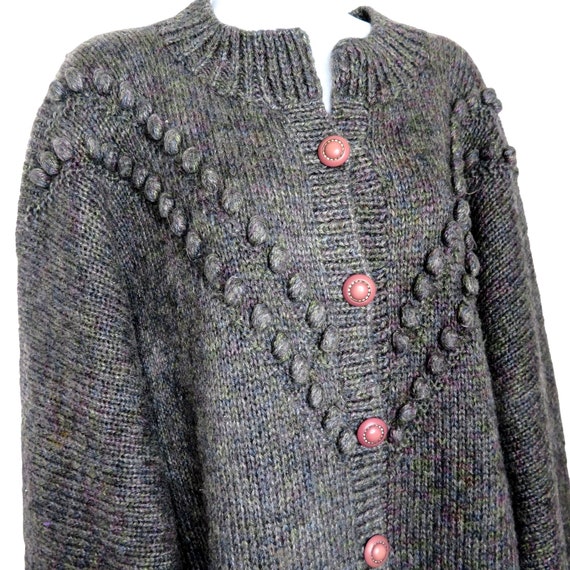 Vintage Hand Knitted Cardigan Sweater XL Gray Pur… - image 2
