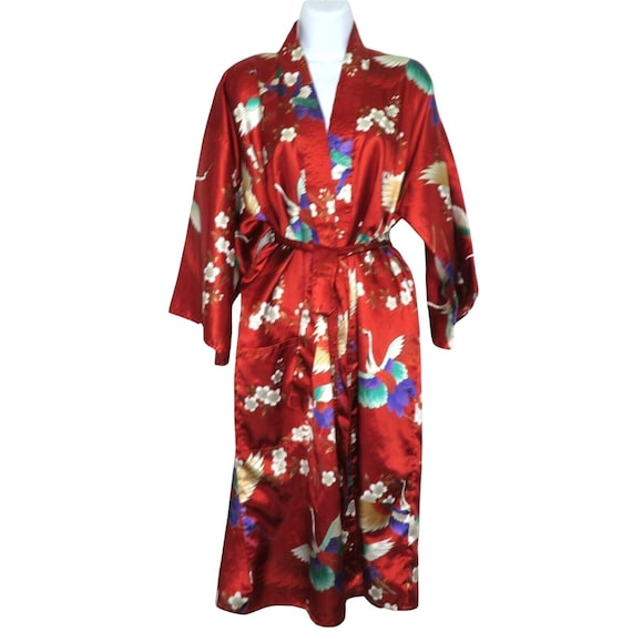 Vintage Kimono Robe One Size Burgundy Red Cranes … - image 2