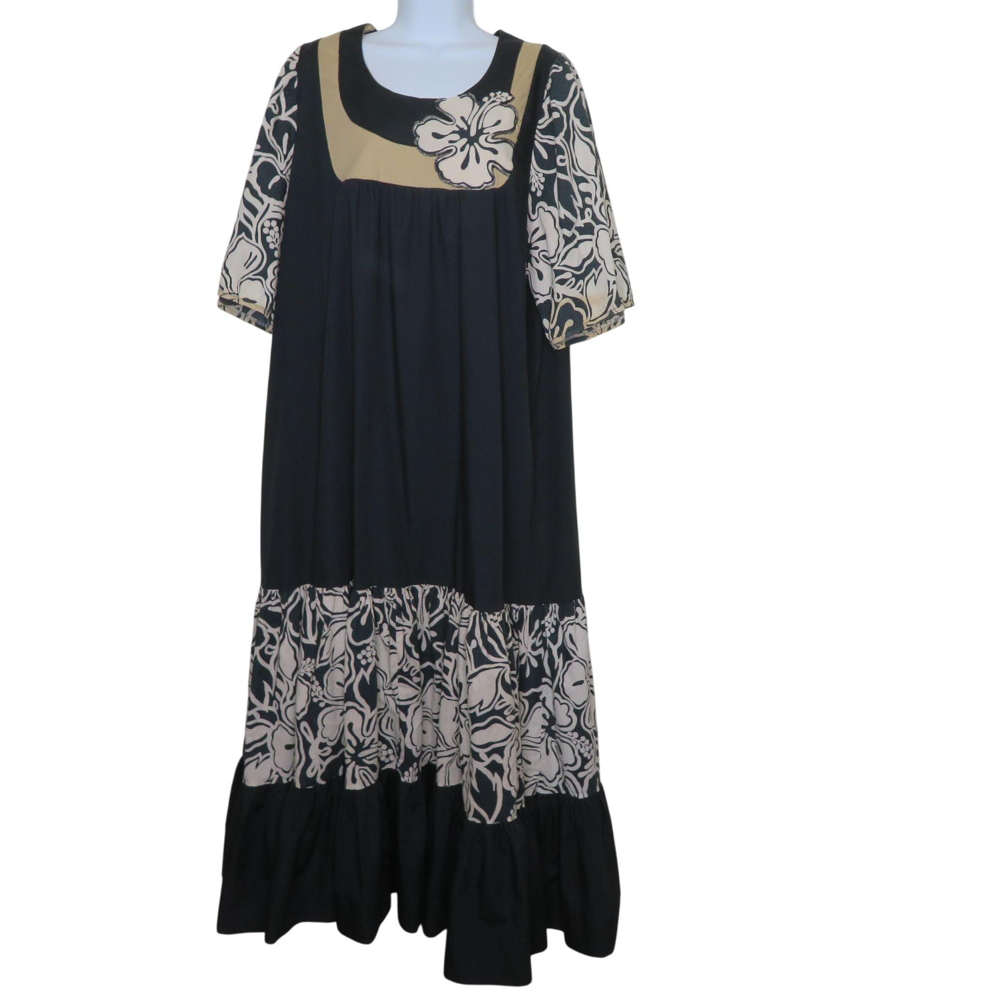 ☆本日限定値下げ☆ハワイvintageマキシドレス☆美品 70年代ヴィンテージハワイアンマキシドレス：ブラックフローラル