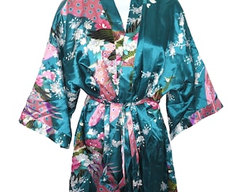 Vintage Teal Blue Kimono Dressing Robe 1X Peacock Cherry Blossom Belted