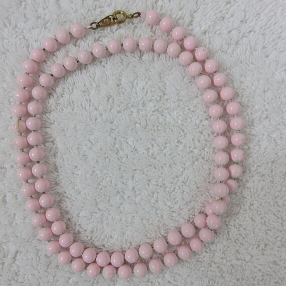 Vintage 50s Pink Metal Beaded Necklace Signed - image 3