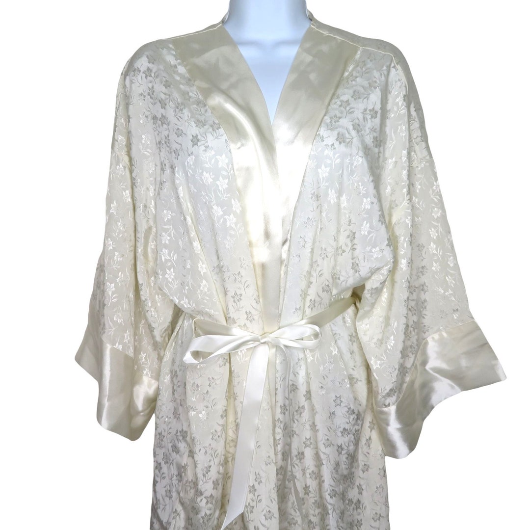 Vintage Cacique Lingerie Kimono Robe S White on White Floral New Old