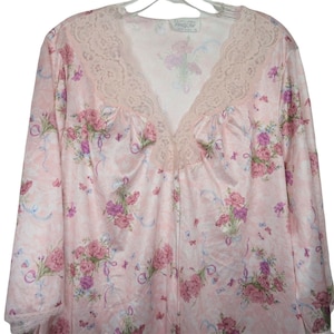 Vintage Vanity Fair Housecoat Robe L Pink Floral Knee Length Button Up Nylon USA