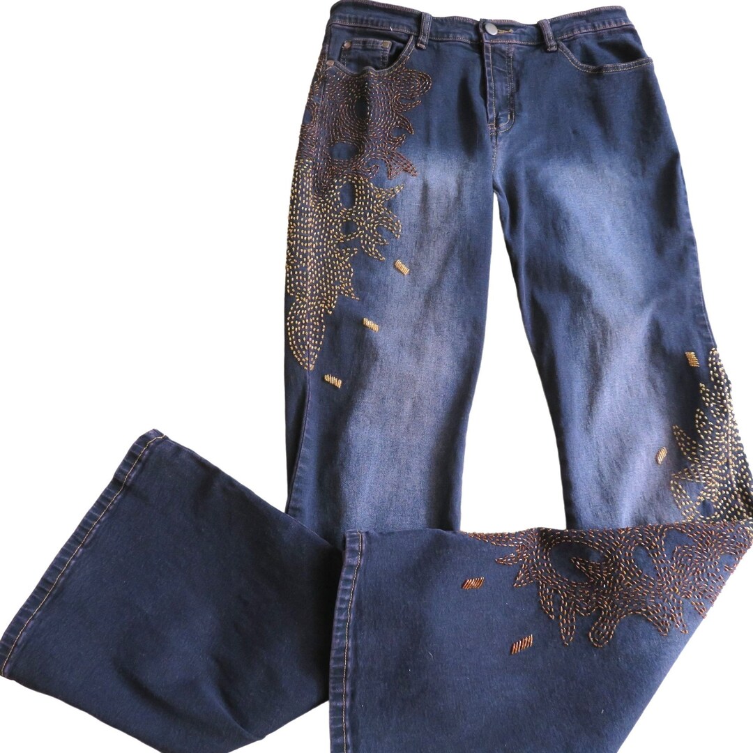 Vintage 90s Y2K Rocker Jeans Black Bootcut Stretch Gold Beaded Bling ...
