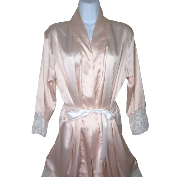 Vintage Sandy Waters Kimono Robe S Pink Wide White Lace Trim New Old Stock View 6