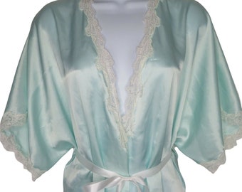 Vintage Erika Taylor Kimono Bath Dressing Robe S Blue Lace Trim Knee Length