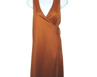 Vintage 60s Marlon Lingerie Long Wrap Nightgown Hostess Dress M Rust Orange Nylon Sleeveless USA Made