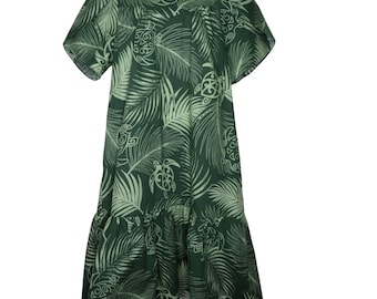 Robe vintage hawaïenne MuuMuu S verte florale tortues manches courtes Made in Hawaii USA