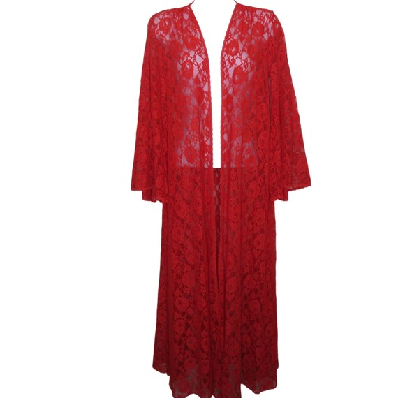 Womens 60s Vintage Sheer Red Nylon Lace Dressing Kimo… Gem