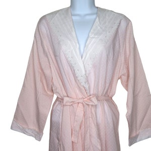 Vintage BHS Full Length Dressing Gown Robe L Pink Swiss Polka Dot Lace Collar Belted New Old Stock