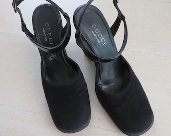 Vintage Gucci Black Velvet Ankle Strap Heels Tom Ford Era Made in Italy 36.5