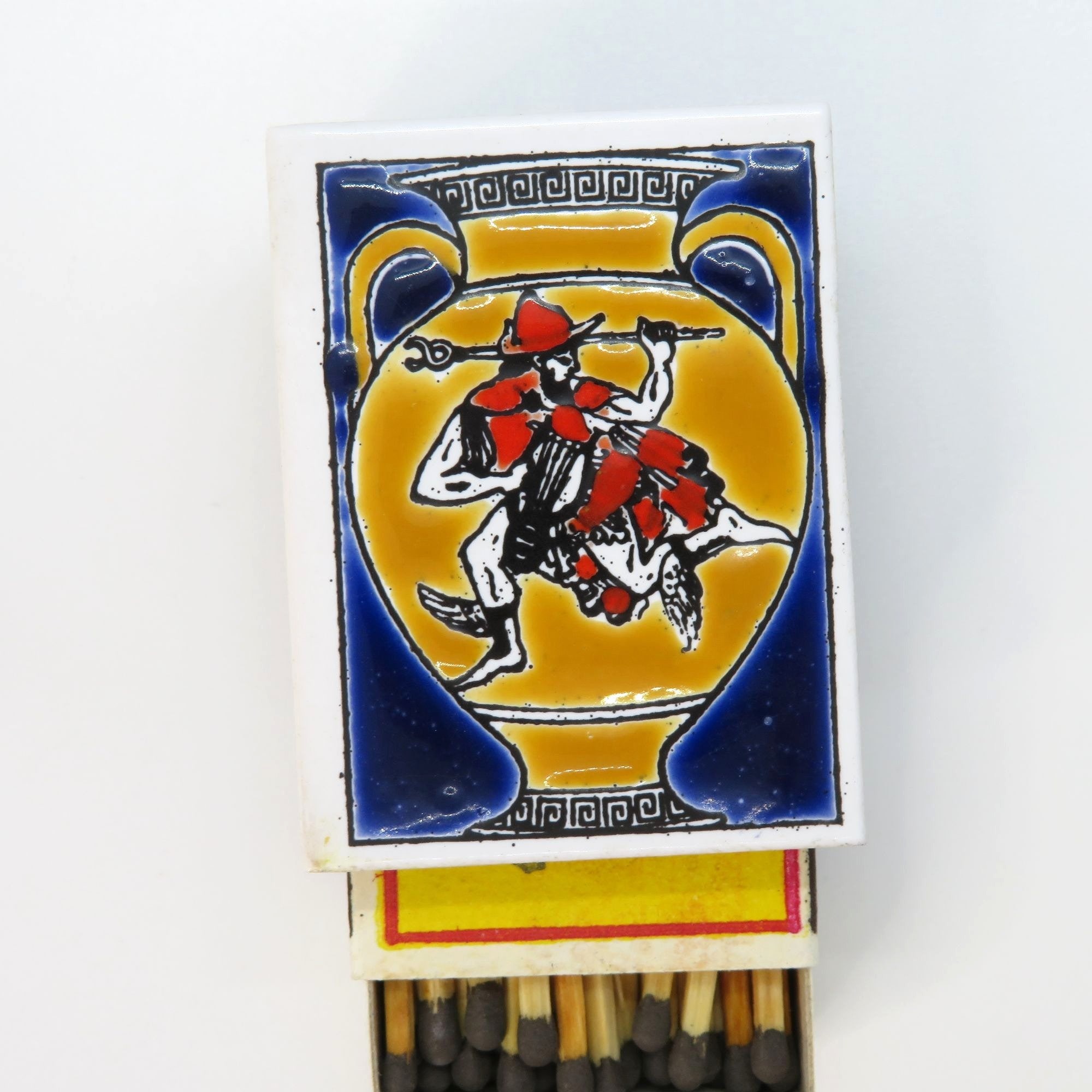 Vintage Wooden Match Box Painted Ceramic Tile Top Metal Box Greece