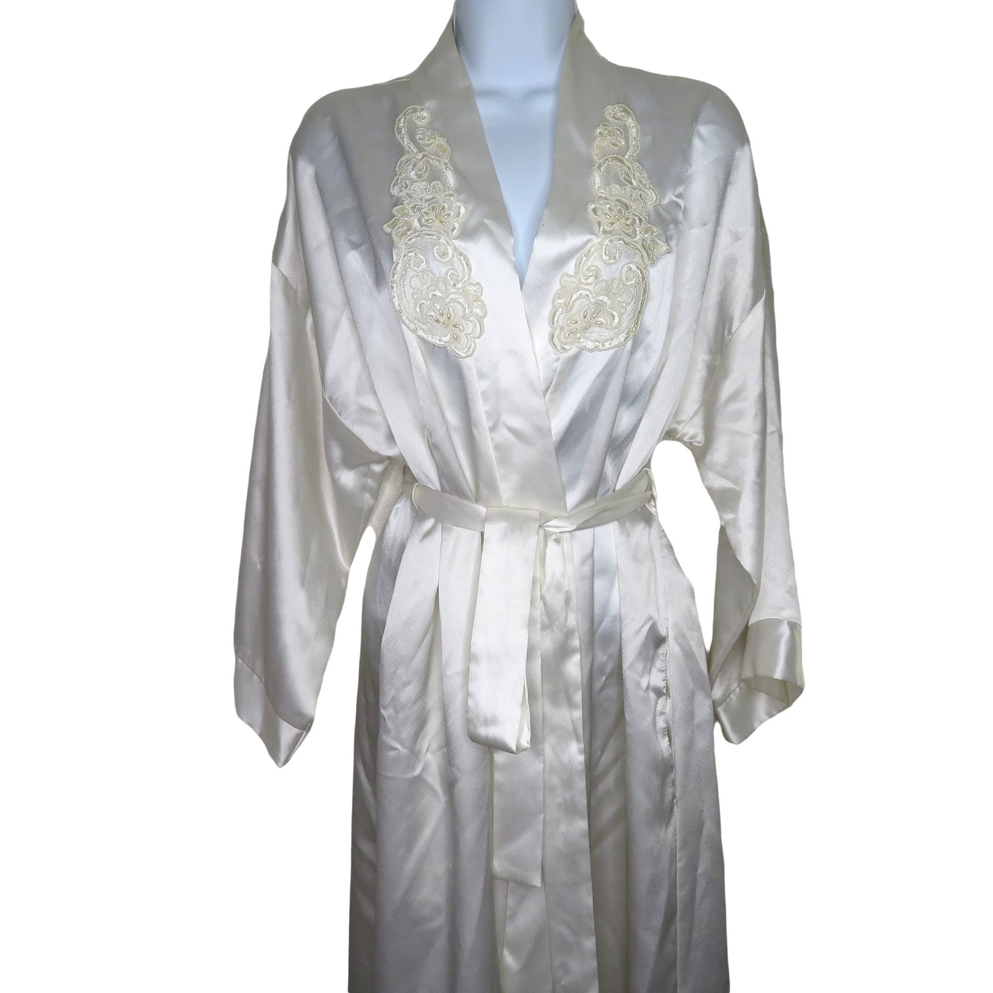 Vintage White Satin Robe L - Beaded Lace Embroidery, USA Made - Etsy