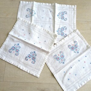 Set of 3 Vintage Hand-Embroidered Table Doilies Blue Pink Floral Designs White Cotton