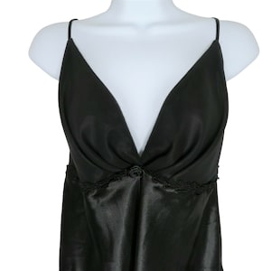Vintage Dentelle Knee Length Black Satin Slip Night Gown Size L Chiffon Lace Low Back USA Made