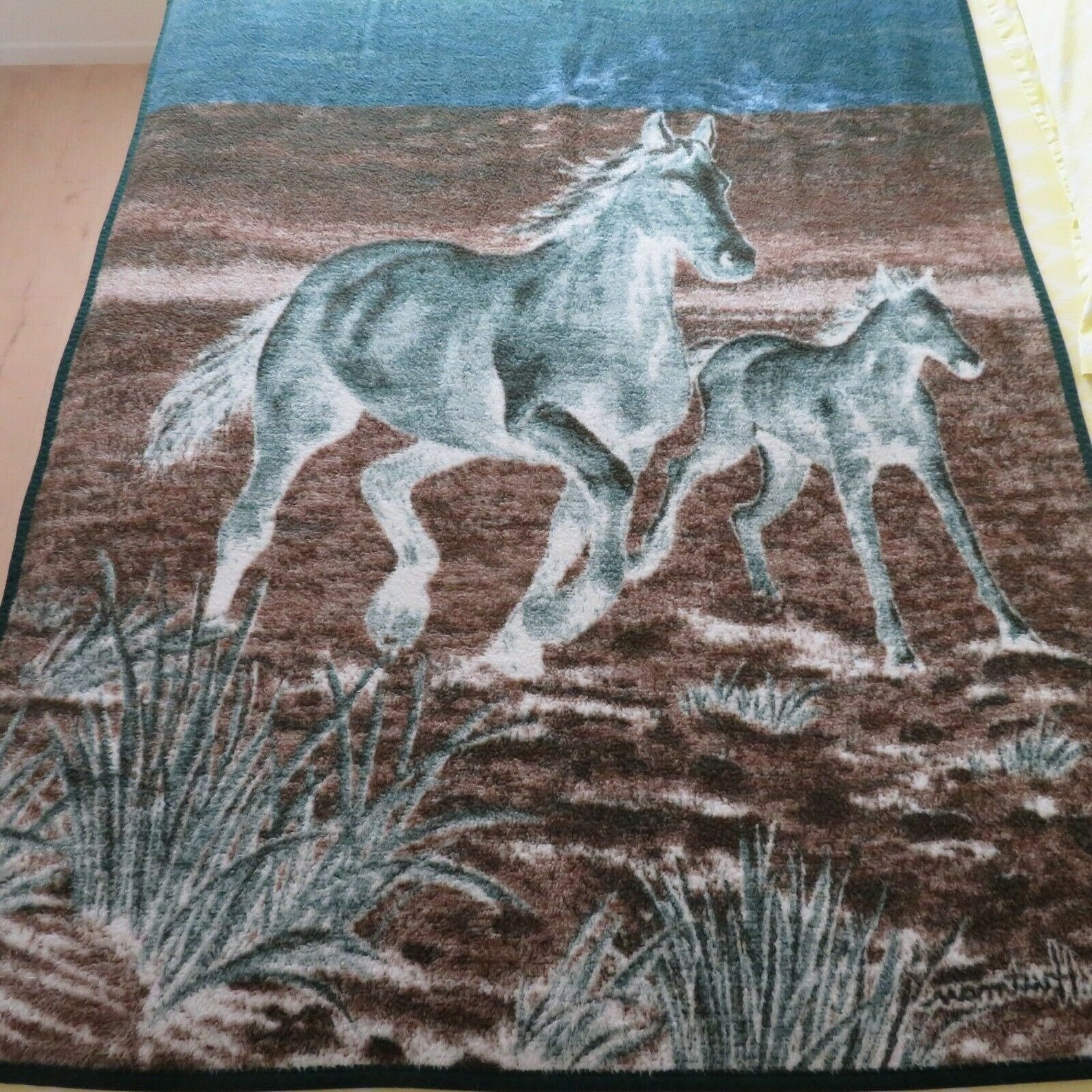 Vintage Biederlack Blanket Horses Snow Mountains Teal Blue Etsy