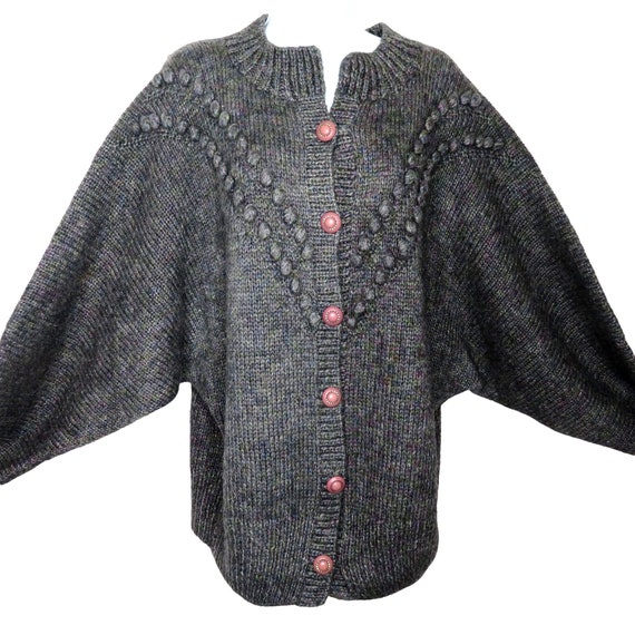 Vintage Hand Knitted Cardigan Sweater XL Gray Pur… - image 3