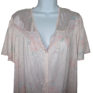 Vintage 70s Vanity Fair Robe Housedress L Pink Floral Lace Knee Length Nylon USA Made