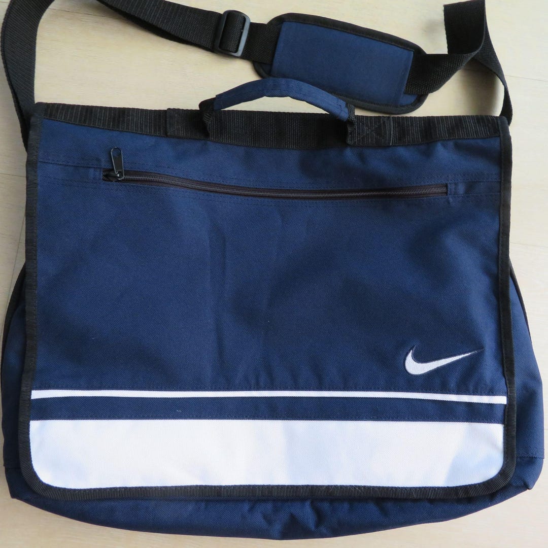 Vintage Y2K Nike Dark Blue White Canvas Messenger Bag Adjustable