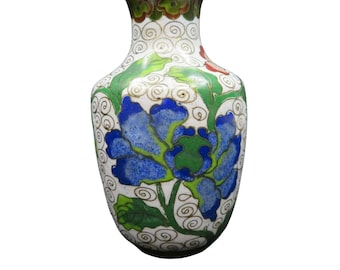 Vintage White Blue Floral Cloisonné Enamel Over Brass Chinese Vase 4&quot; Tall