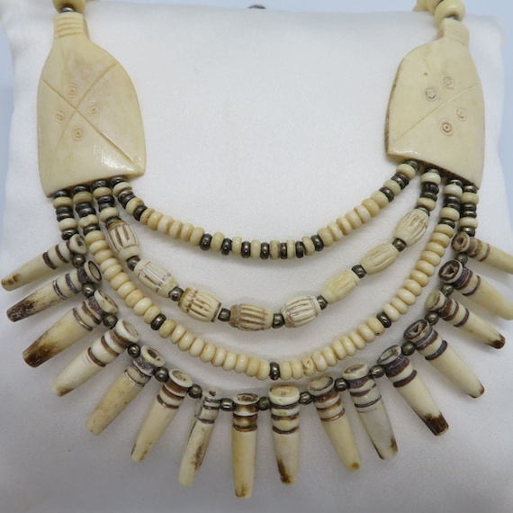Vintage Artisan Carved Bovine Bone Necklace Multi Strand Silver