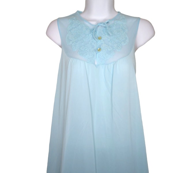 Vintage Full Length Nylon Nightgown L Blue Sheer Chiffon Lace Buttons Sleeveless Modest USA Made