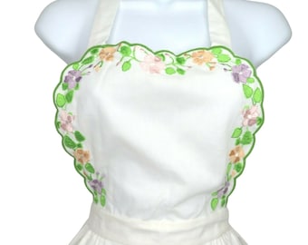 Vintage Bib Apron Floral Embroidery White Pocket Scalloped Hem Baking Apron