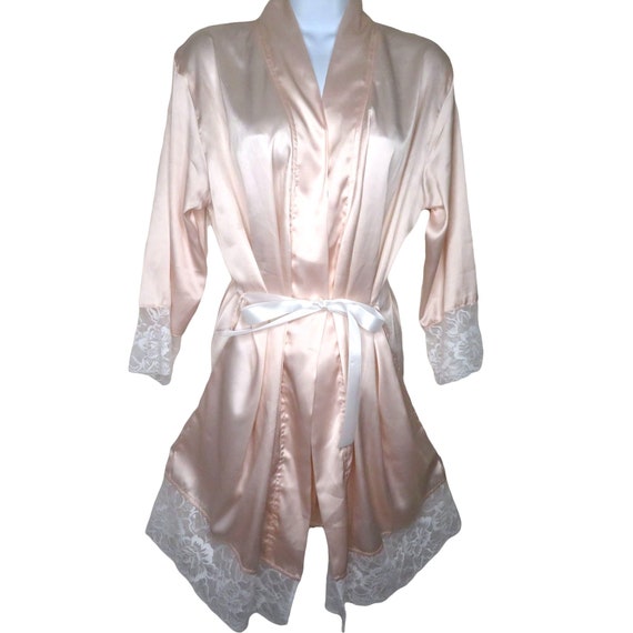 Vintage Sandy Waters Kimono Robe S Pink Wide White Lace Trim New Old Stock