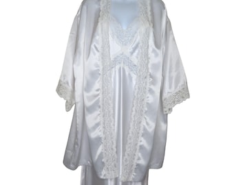 Conjunto de camisola vintage de cetim com renda branca: lingerie de noiva, feito nos EUA