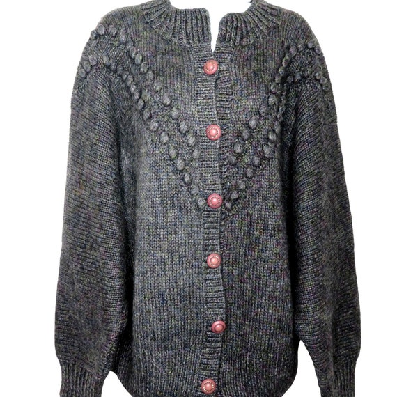 Vintage Hand Knitted Cardigan Sweater XL Gray Pur… - image 5