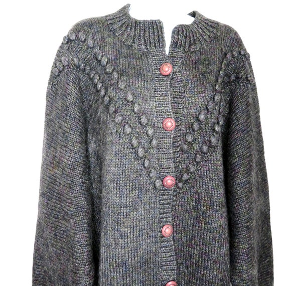 Vintage Hand Knitted Cardigan Sweater XL Gray Pur… - image 10