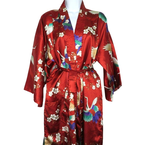 Vintage Kimono Robe One Size Burgundy Red Cranes … - image 1