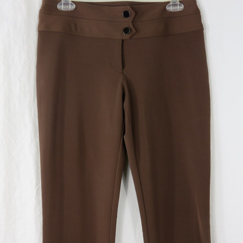 Cach\u00e9 Brown Dress Pants Womens Size 4 Vintage 90s Wide Double Snap Waistband Bootcut Flat Front Made in USA Satin Shine Polyester Blend