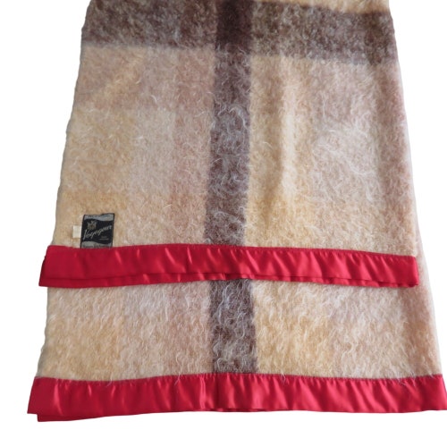 Vintage Hudson Bay Tartan Plaid Mohair Wool Throw Blanket Red Satin Trim 46