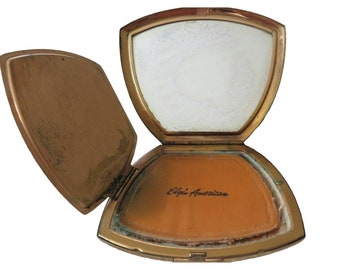 Vintage 50s Gold Tone Elgin American Beauty Art Deco Clamshell Powder Puff Mirror Compact Made in USA Empty