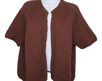 Vintage 90s Hand Knitted Open Front Cardigan Sweater M Brown Short Sleeve