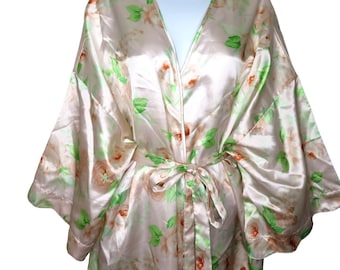 Vintage Full Length Satin Kimono Robe Womens XL 22/24 Pink Floral Belted Scalloped Sleeves New Old Stock
