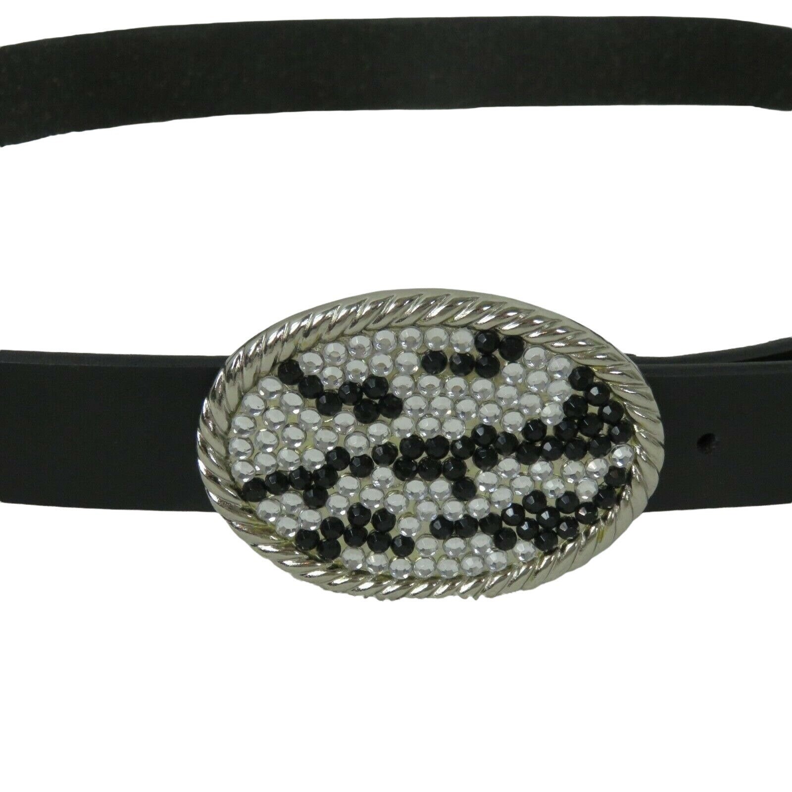 Vintage 90s Black Leather Belt Crystal Black Rhinestones 