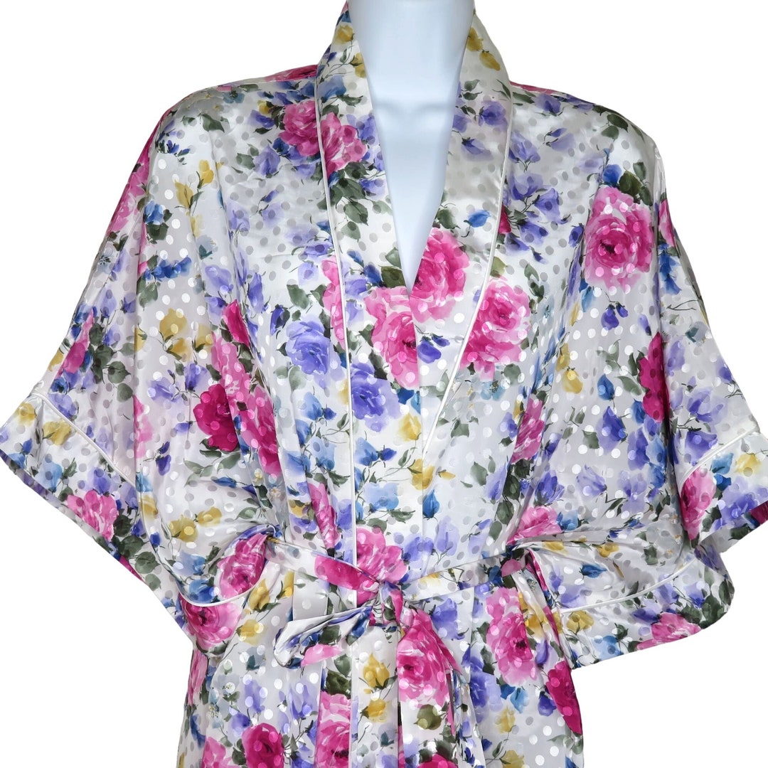 Vintage Partners Mervyns Satin Kimono Robe L White Floral Knee Etsy