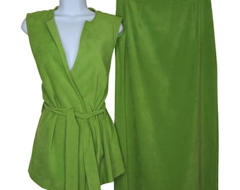 David Paul New York Vintage 80s Green Faux Suede Wrap Top Maxi Skirt Set Medium