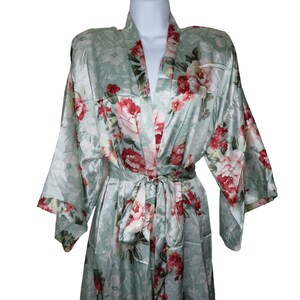Vintage Satin Kimono Robe: Green Floral, Shoulder Pads, USA Made