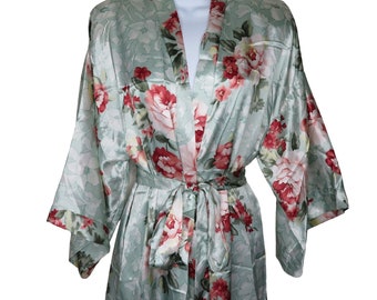 Vintage California Dynesty Full Length Satin Kimono Robe M Green Floral Shoulder Pads USA Made