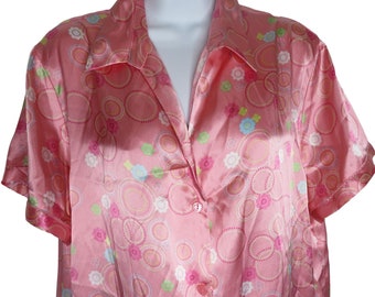 Vintage 90s Delicates Sleepwear Sleepshirt Night Gown L Pink Circles Flowers Satin Polyester