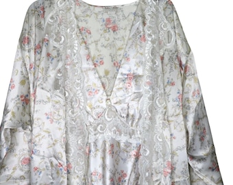 Conjunto de bata vintage Delta Burke para mujer, de satén y encaje floral, talla 1X, fabricado en EE. UU., largo completo.