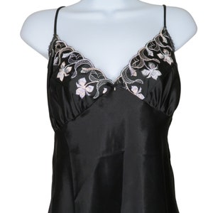 Vintage Shirley of Hollywood Black Satin Slip Nightgown L Floral Embroidery Knee Length USA Made