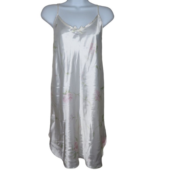 Vintage Secret Treasures Satin Slip Nightgown L White Light Pink Floral Knee Length USA Made
