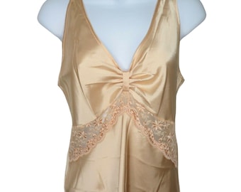 Vintage Enchanting Slip Nightgown Womens M Beige Satin Embroider Lace Lingerie