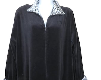 Vintage Neiman Marcus Black Velour Long Robe Leopard Print Collar Cuffs Zip Large